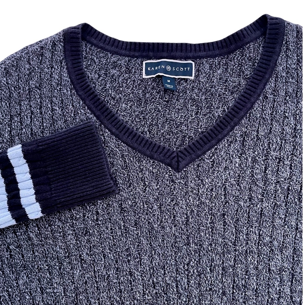 Karen Scott V-Neck Striped Cuff Sweater Blue Ribbed Knit Cotton Blend Top Size M